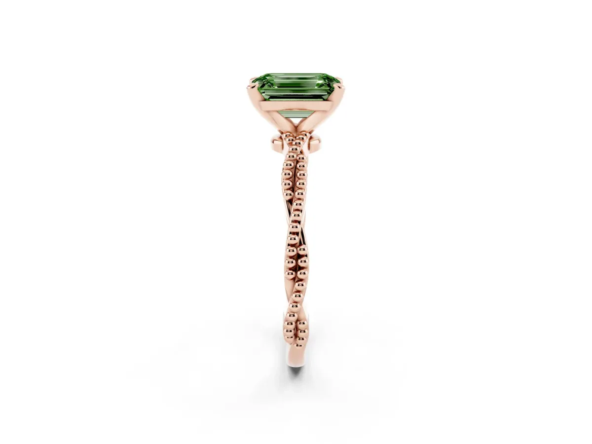 Fancy Green Emerald Cut Solitaire Twisted Band with Bead Prong Setting Rose gold