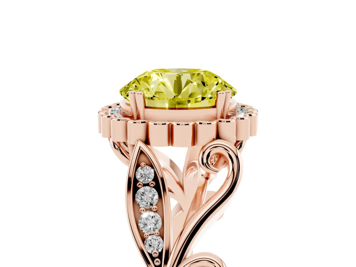 Fancy Yellow Round Cut Diamond Halo Ring with Vintage Split Shank and Four-Prong Setting Rose gold