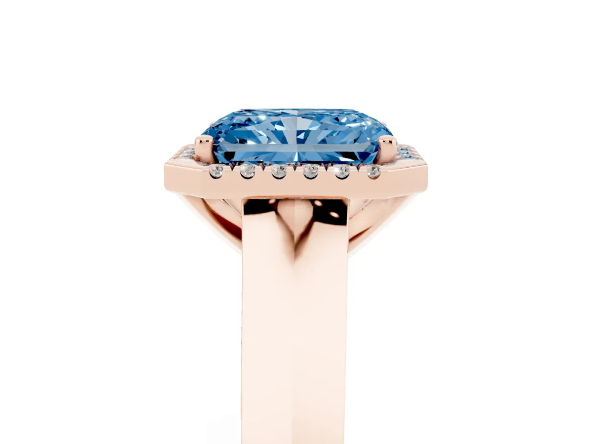 Fancy Blue Radiant Cut Halo Diamond Ring with Cathedral Band and Four-Prong Setting Rose gold
