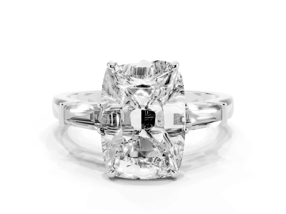 Old Mine Elongated Cushion Diamond with Side Tapered Baguette Three Stone Ring Silver