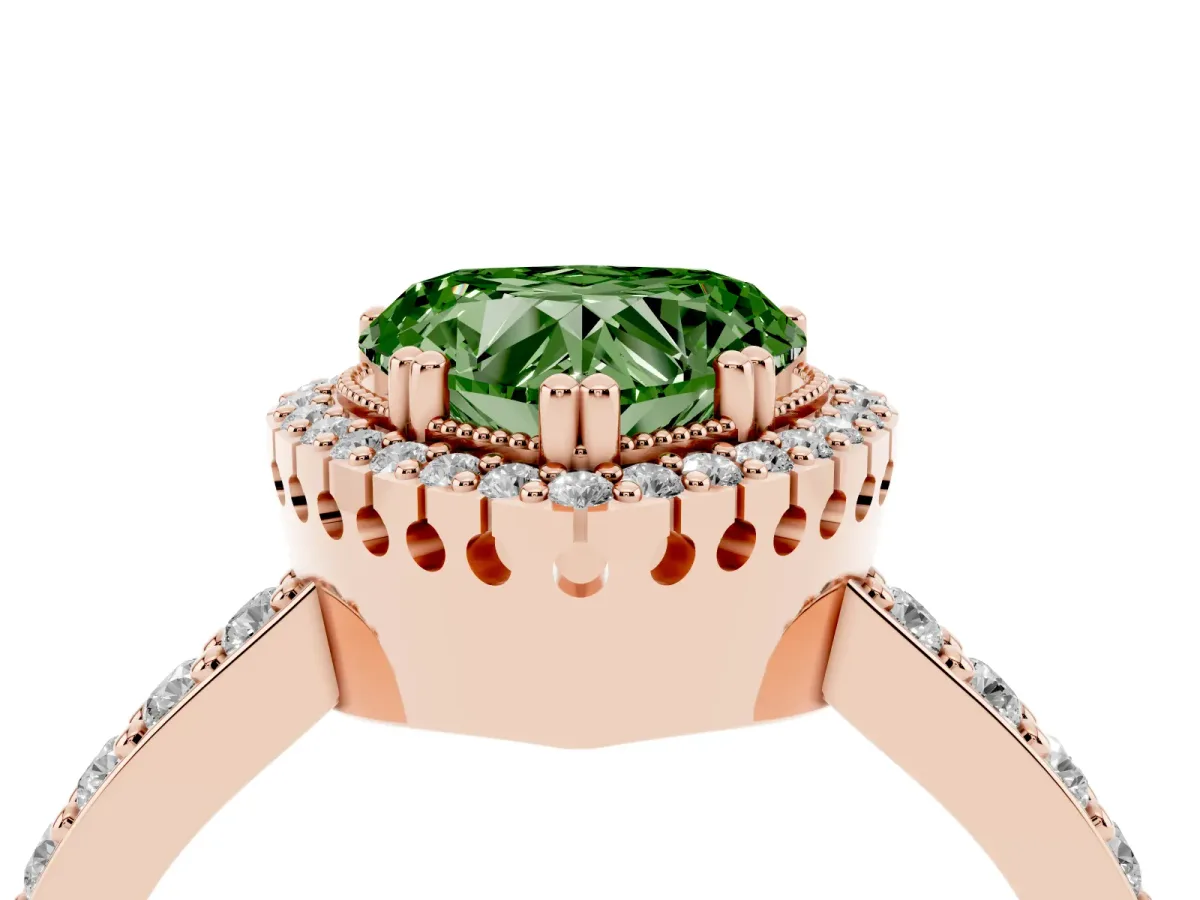 Fancy Green Heart Cut Cut Diamond Halo Engagement Ring with Milgrain Detail and Pavé Band Rose gold