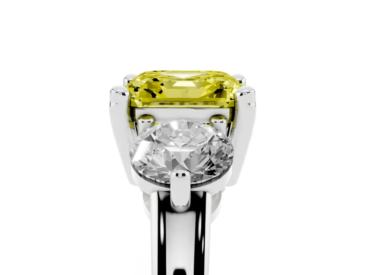 Fancy Yellow Three-Stone Asscher Cut Brilliant Cut Solitaire Ring with Prong Setting on a Classic Band White gold