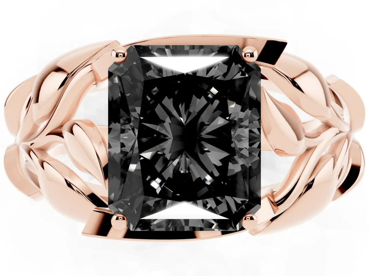 Fancy Black Radiant Cut Diamond Leaf-Inspired Engagement Ring with Round Accents and Prong Setting Rose gold