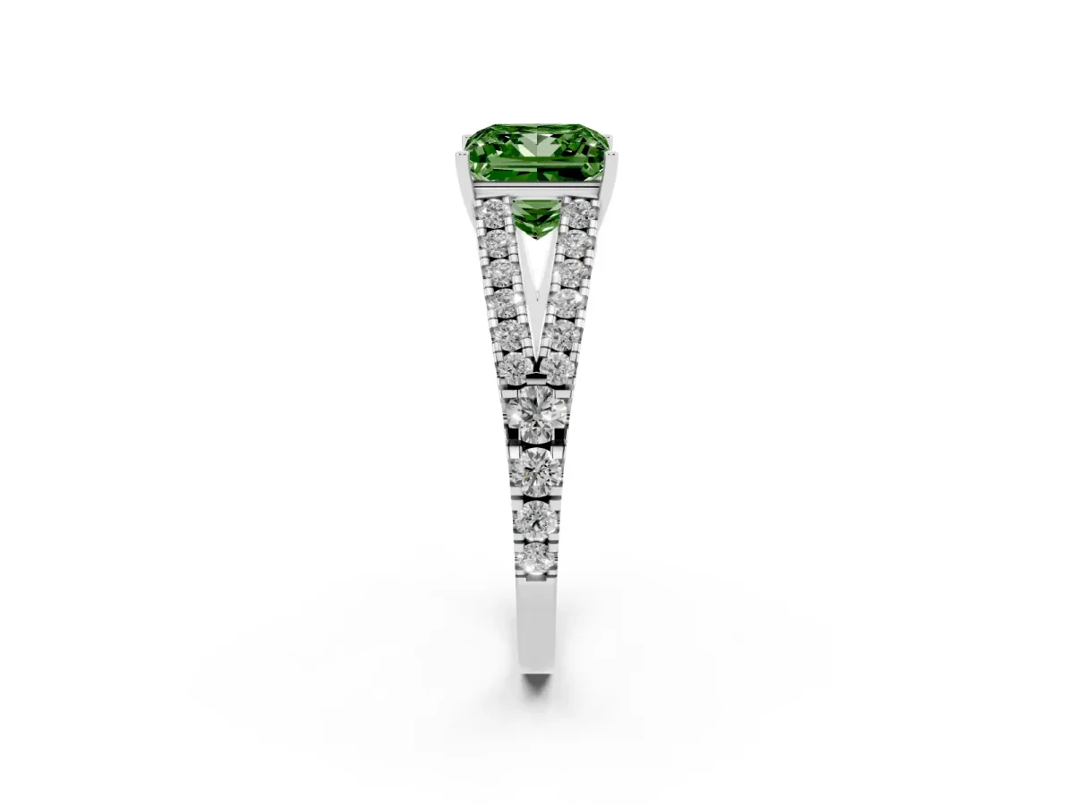 Fancy Green Princess Cut Diamond Split Shank Engagement Ring with Round Pavé and Prong Setting Silver