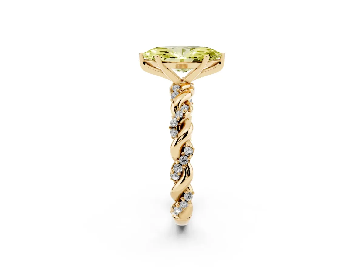 Fancy Yellow Marquise Cut Diamond Solitaire Ring with Twisted Band and Pavé Accents Yellow gold