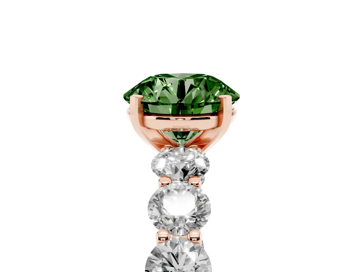 Fancy Green Round Cut Diamond Prong Setting with Side Stones on a Pave Band Rose gold
