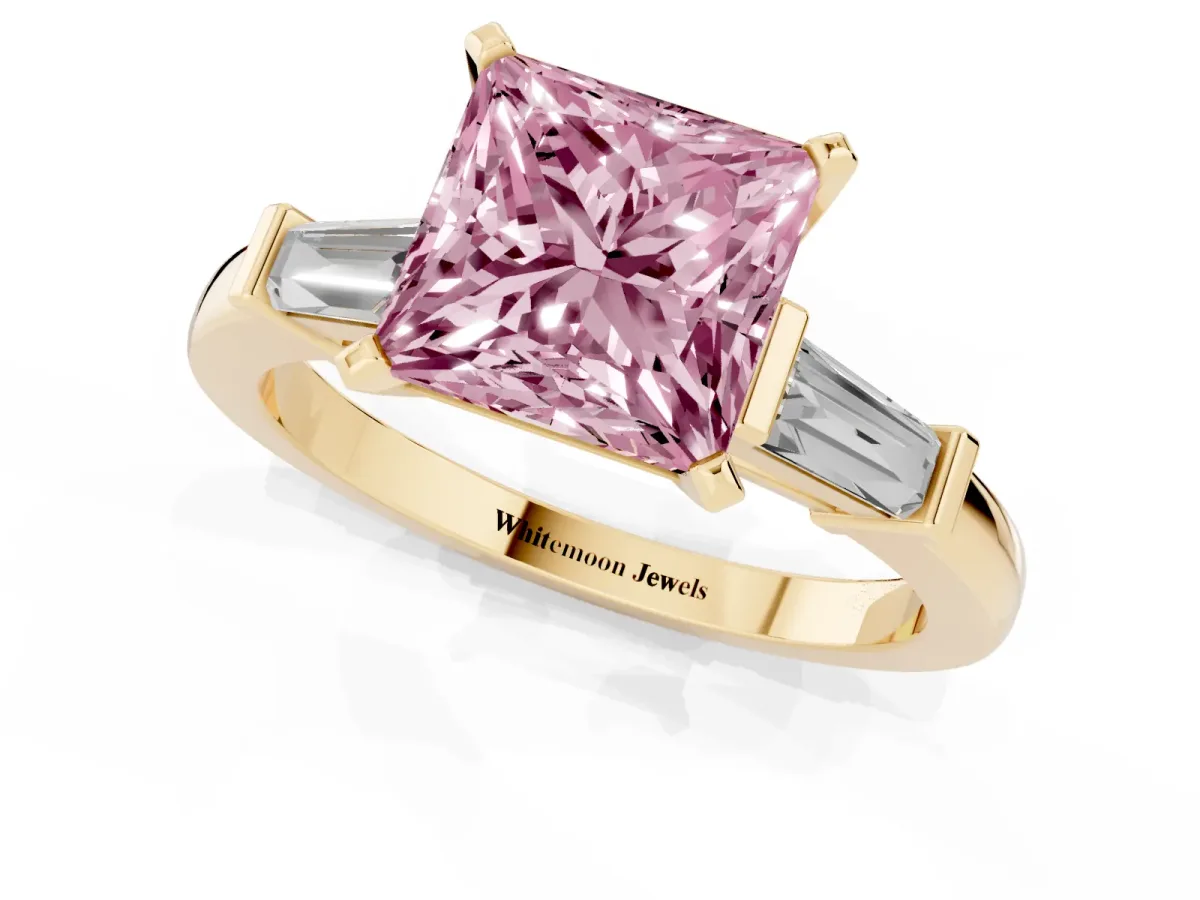 Fancy Pink Princess Cut Cut Diamond Solitaire Ring with Tapered Baguette Accents and Four-Prong Setting Yellow gold
