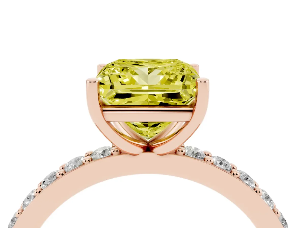 Fancy Yellow Princess Cut Cut Diamond Solitaire with Pave Band and Four-Prong Setting Rose gold