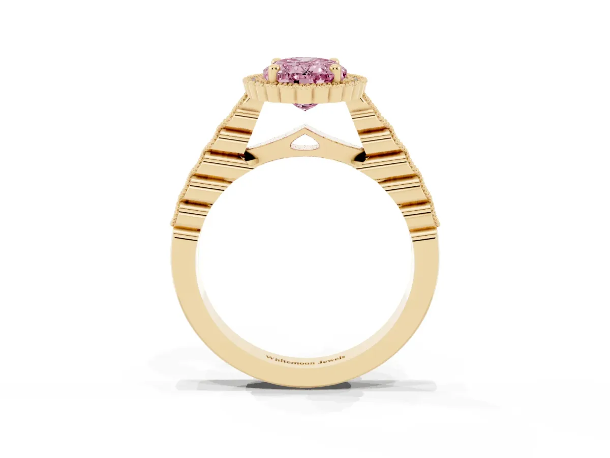 Fancy Pink Oval Cut Cut Halo Pavé Solitaire Ring with Milgrain Band Yellow gold