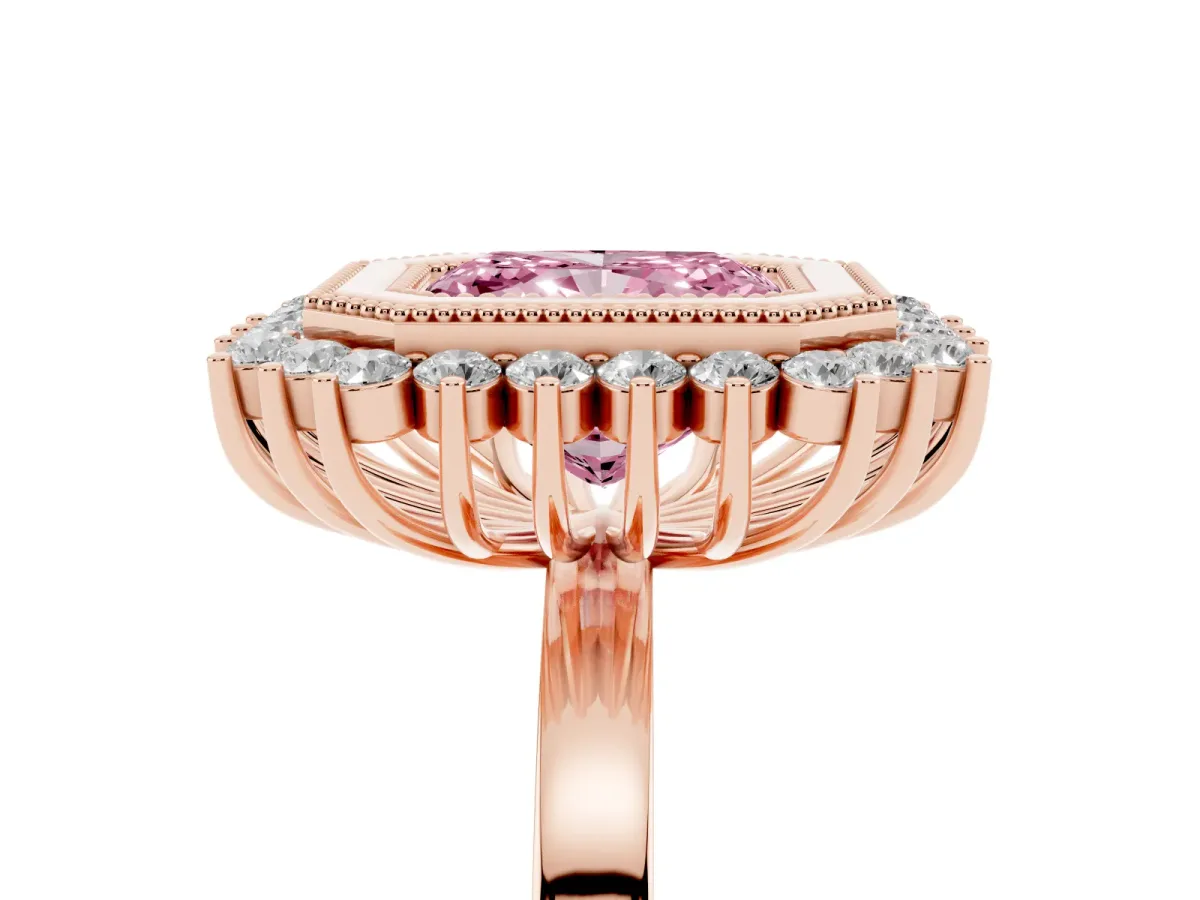 Fancy Pink Radiant Cut Halo Diamond Ring with Milgrain Edge and Round Prong Setting Rose gold