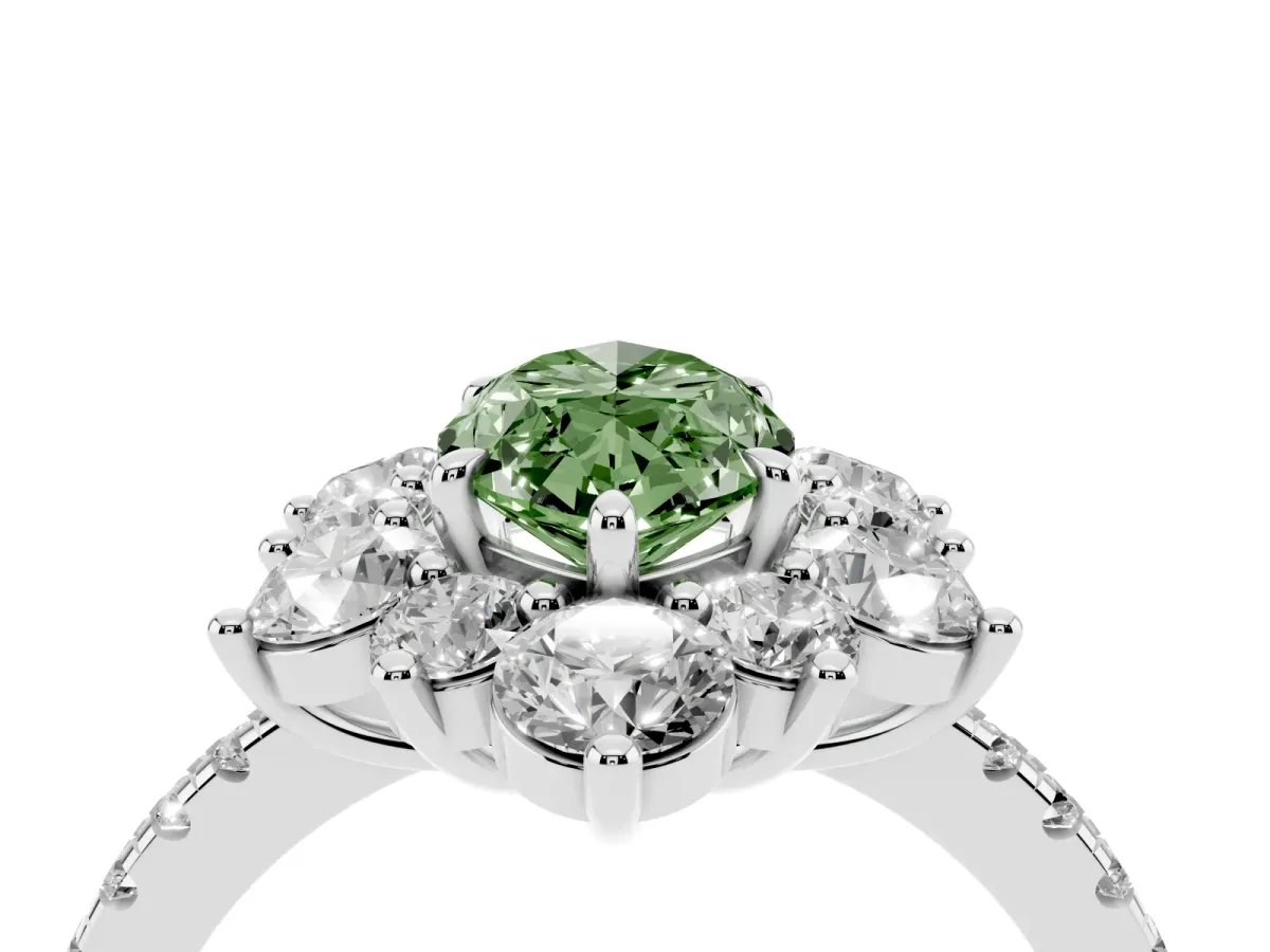 Fancy Green Marquise Cut Diamond Floral Halo Ring with Round Pavé Band and Prong Setting Silver