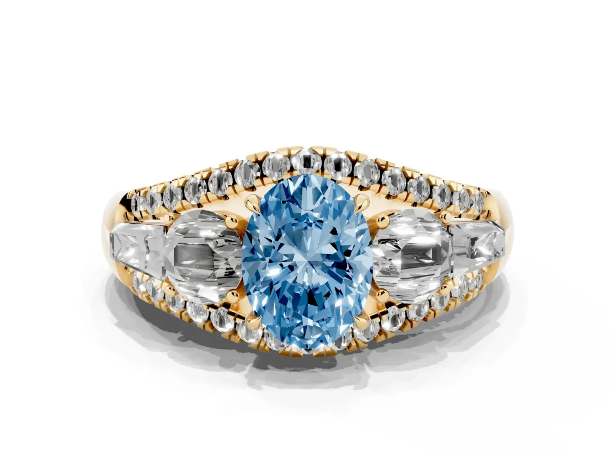 Fancy Blue Three-Stone Oval Cut Diamond Engagement Ring with Pave Band and Prong Setting Yellow gold