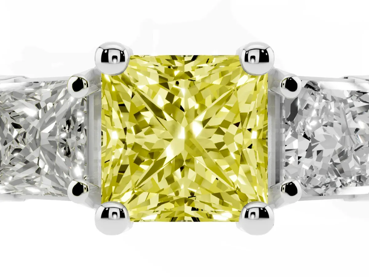 Fancy Yellow Princess Cut Diamond Three-Stone Ring with Channel Set Band and Four-Prong Setting Silver