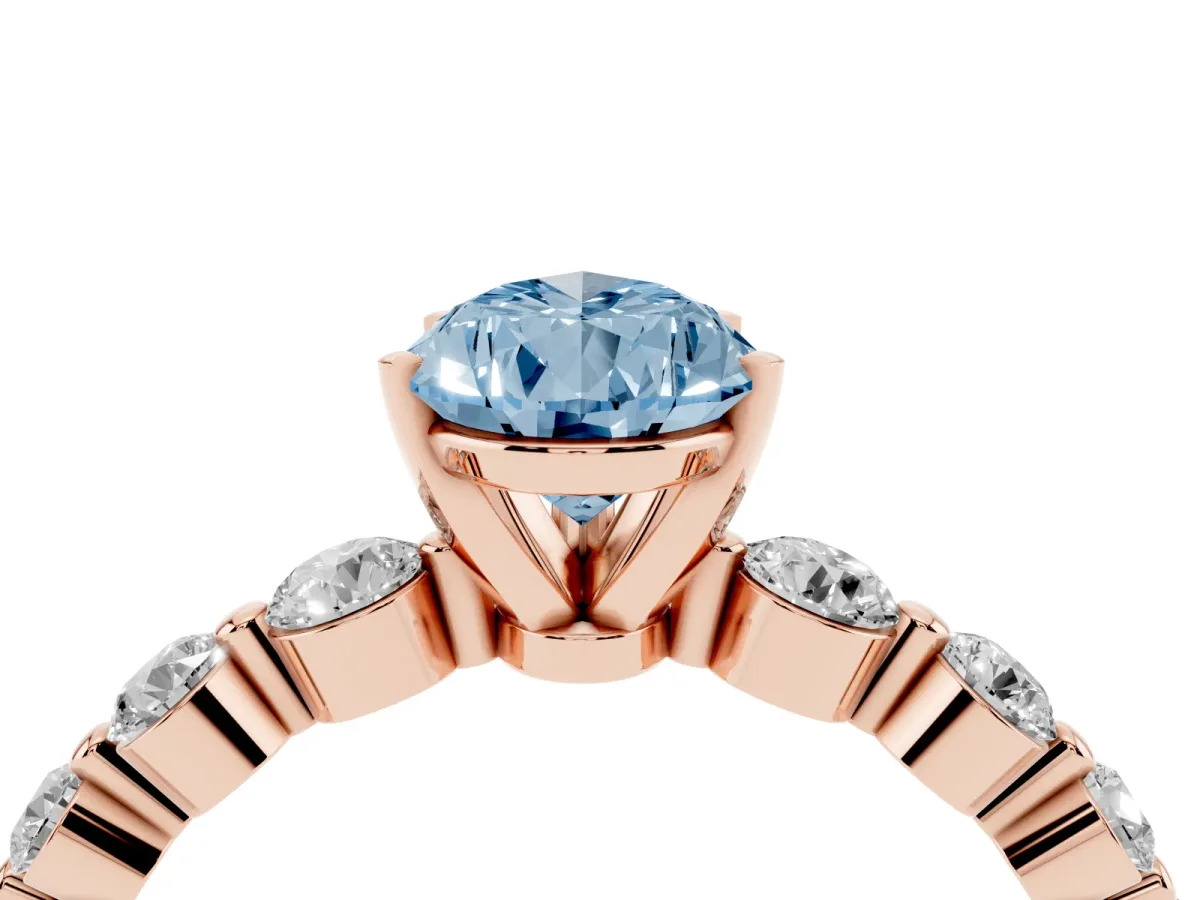 Fancy Blue Pear Cut Solitaire Diamond Ring with Pave Band and Four-Prong Setting Rose gold