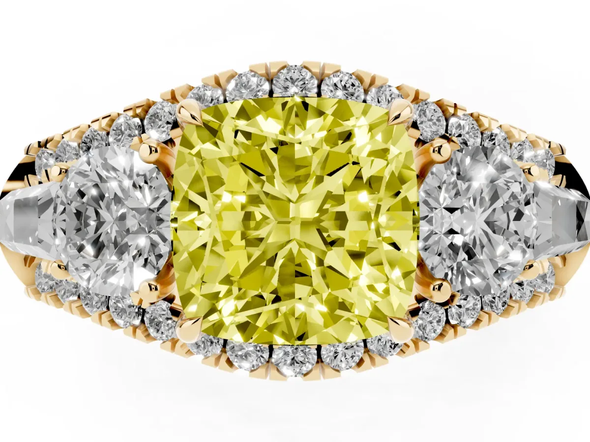 Fancy Yellow Three-Stone Cushion Cut Diamond Engagement Ring with Pave Band and Prong Setting Yellow gold