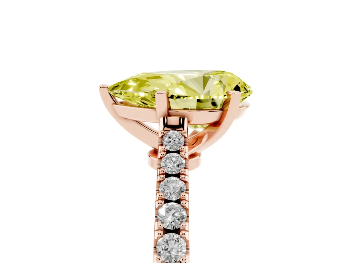 Fancy Yellow Pear Cut Cut Solitaire Diamond Engagement Ring with Pave Band and Four-Prong Setting Rose gold