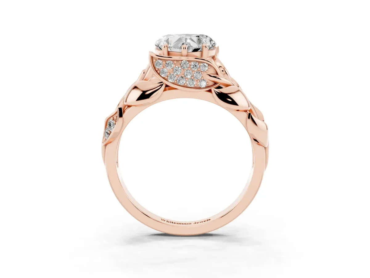 Heart Cut Diamond Leaf-Inspired Engagement Ring with Round Accents and Prong Setting Rose gold