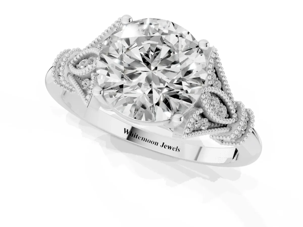 Round Cut Diamond Solitaire Ring with Floral Filigree and Pave Accents White gold