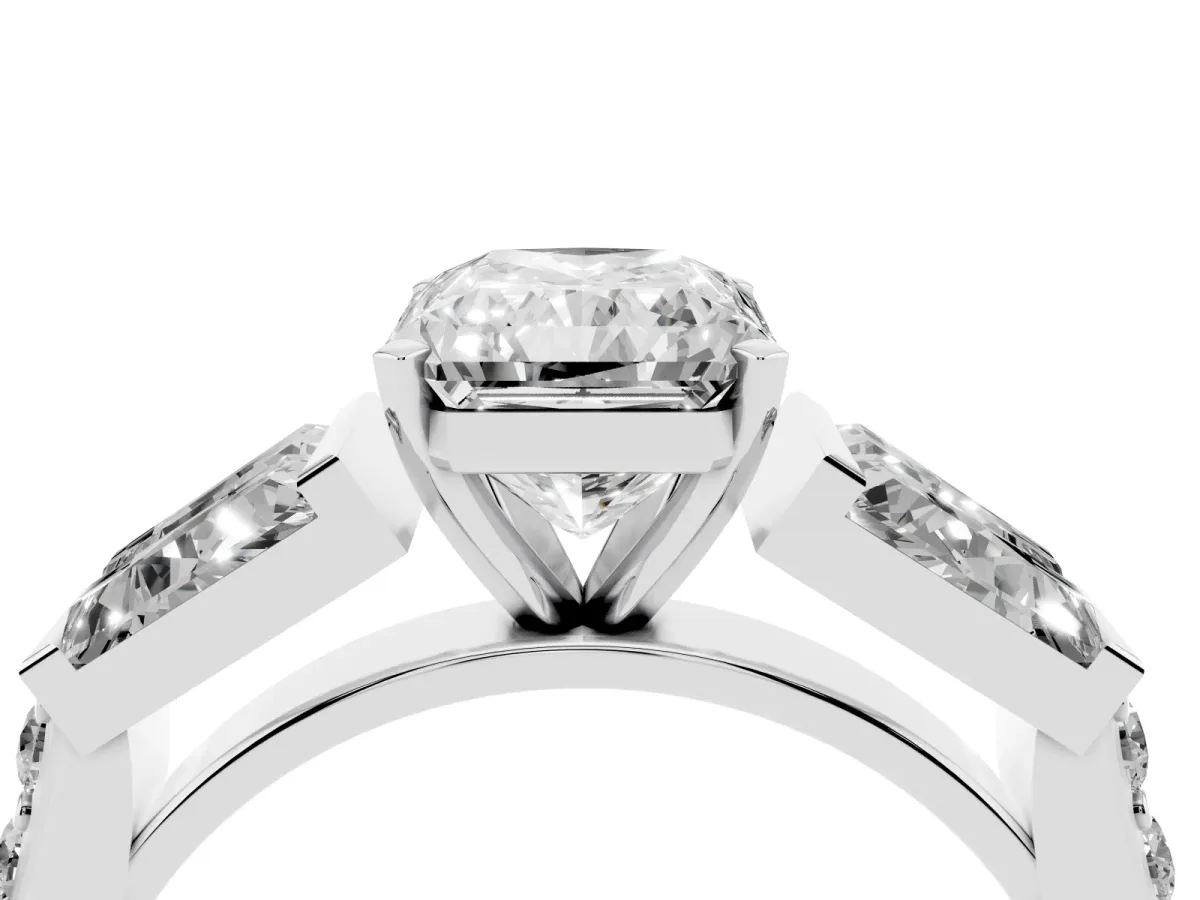 Radiant Cut Diamond Engagement Ring with Baguette Side Stones and Channel Set Band White gold