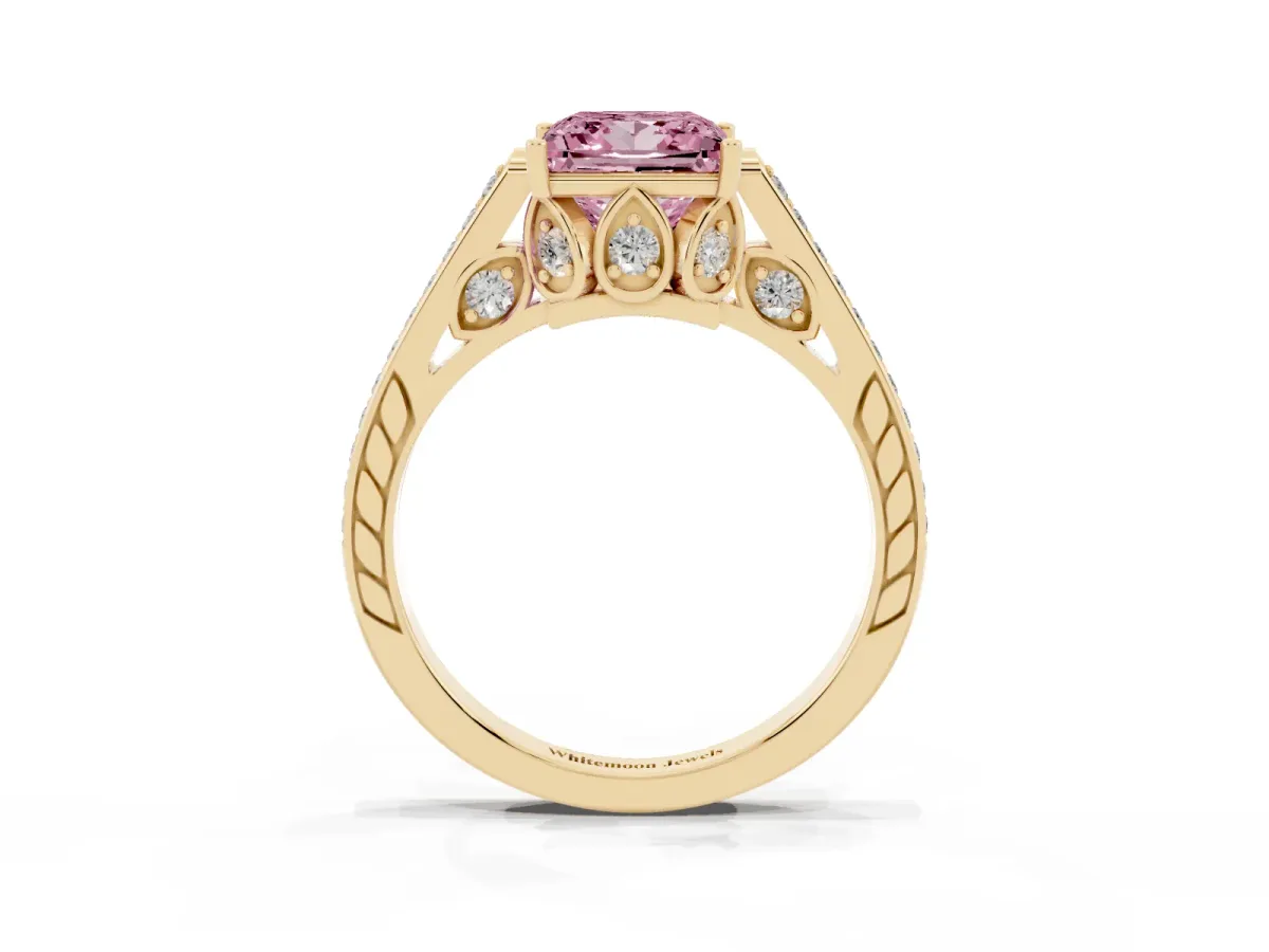 Fancy Pink Princess Cut Cut Cathedral Pave Diamond Engagement Ring with Six-Prong Setting Yellow gold