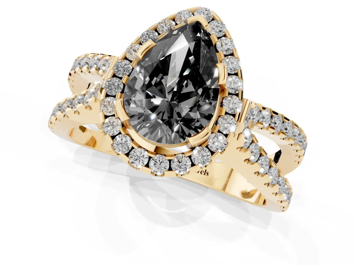 Fancy Black Pear Cut Diamond Halo Ring with Split Shank Pavé Band and Prong Setting Yellow gold