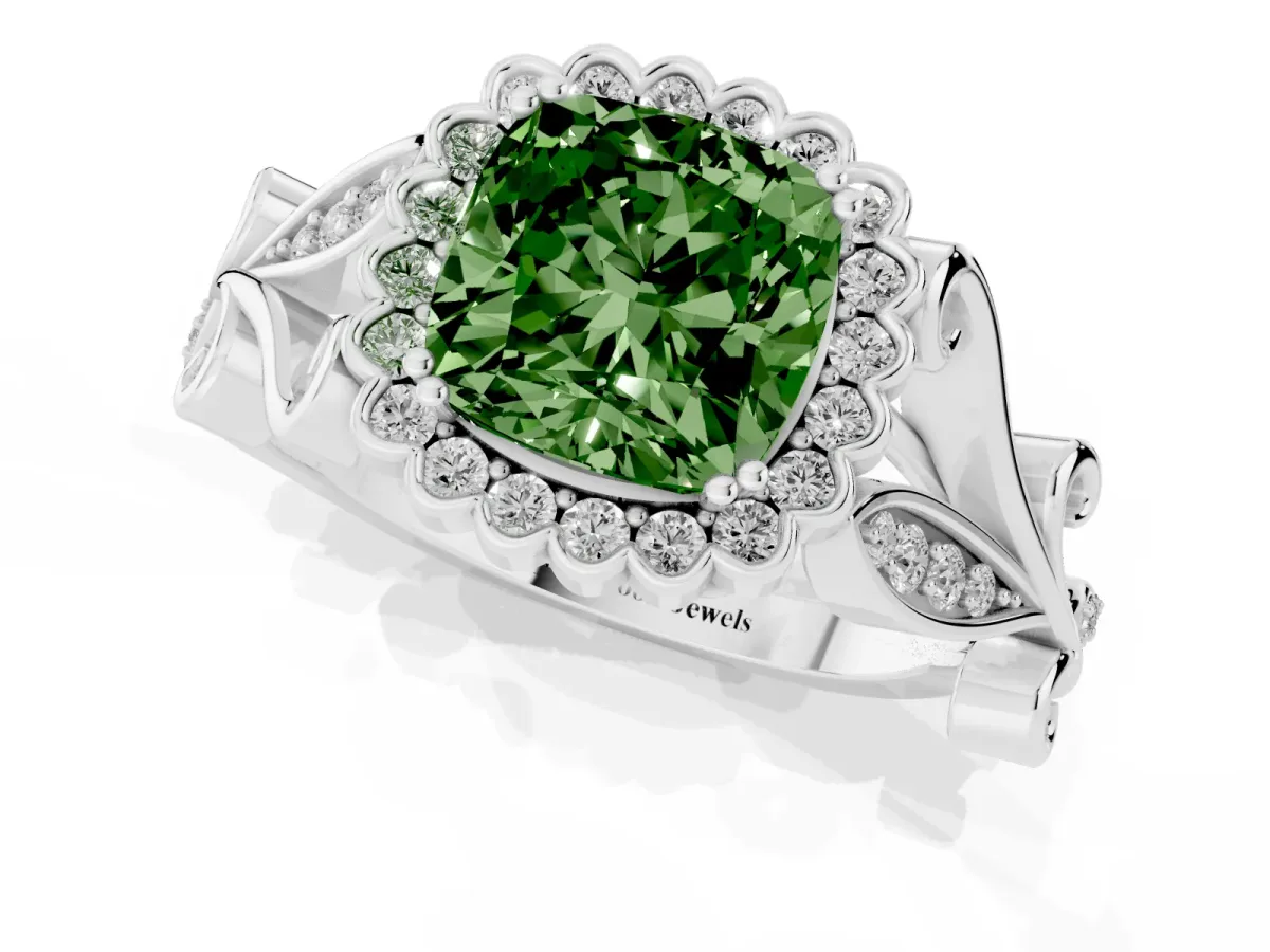 Fancy Green Cushion Cut Diamond Halo Ring with Vintage Split Shank and Four-Prong Setting Silver