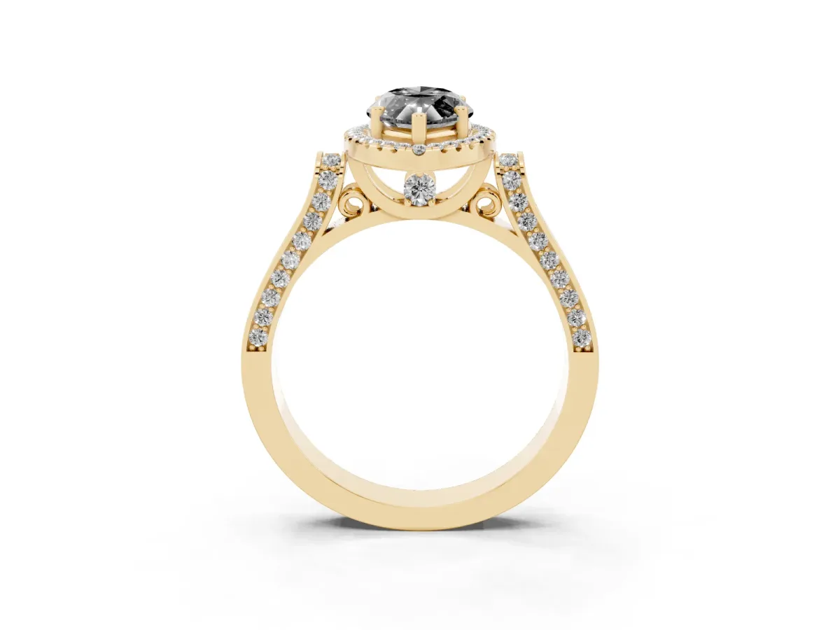 Fancy Black Marquise Cut Halo Round Diamond Twist Band with Four-Prong Setting Yellow gold