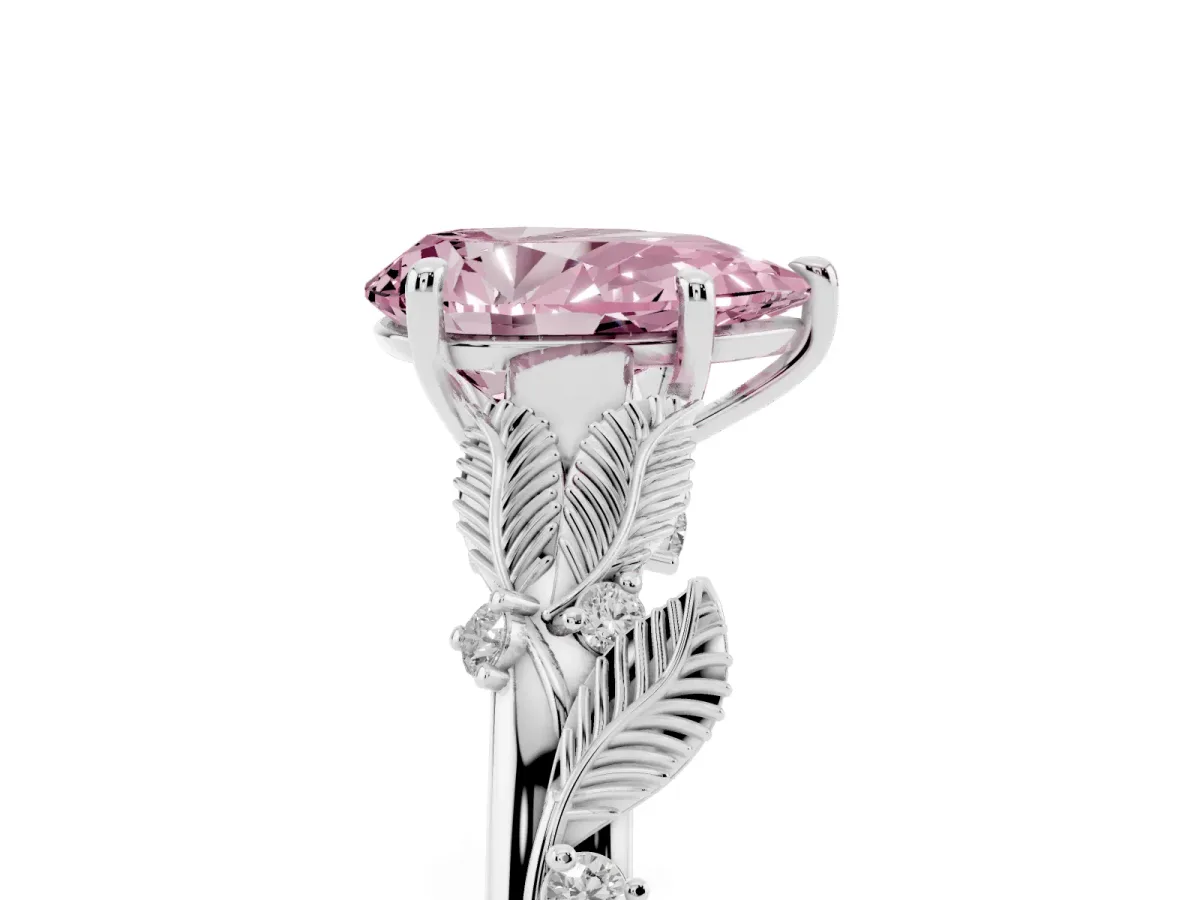 Fancy Pink Pear Cut Diamond Solitaire Ring with Leaf Motif Band and Four-Prong Setting Silver