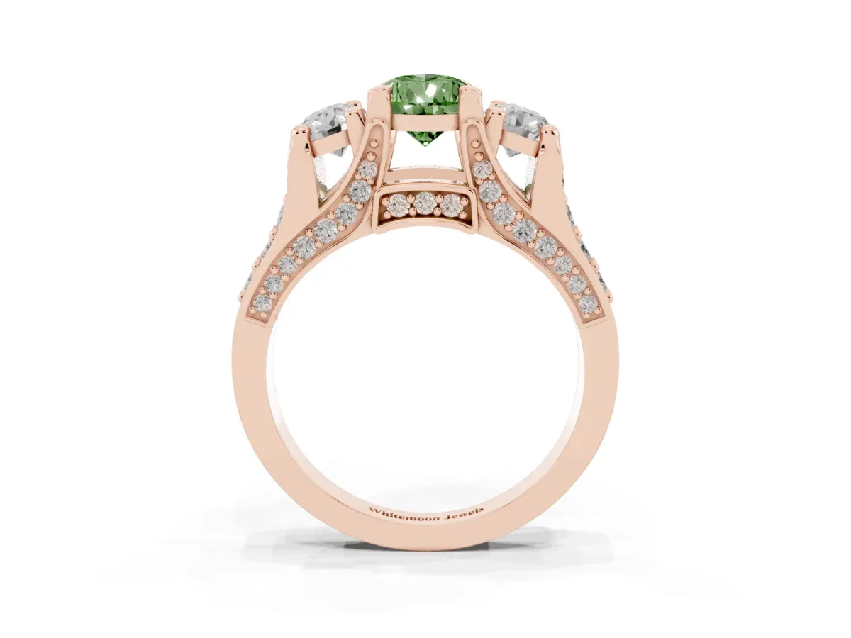 Fancy Green Pear Cut Diamond Three-Stone Ring with Channel Set Band and Four-Prong Setting Rose gold
