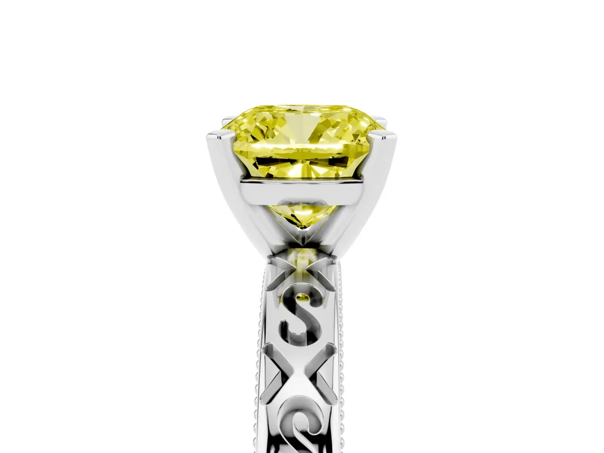 Fancy Yellow Cushion Cut Solitaire Engagement Ring with Scrollwork Band and Four-Prong Setting White gold