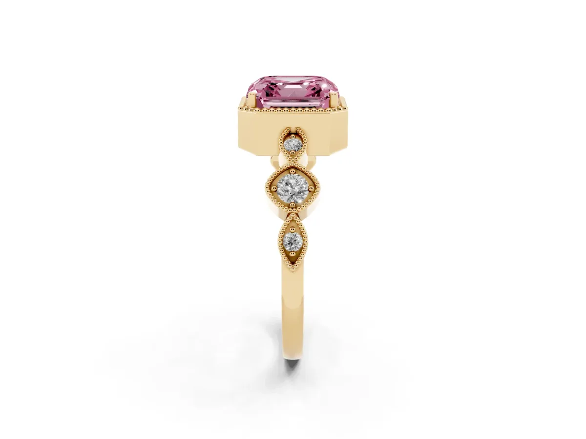 Fancy Pink Asscher Cut Diamond Vintage Milgrain Ring with Round Stations Yellow gold