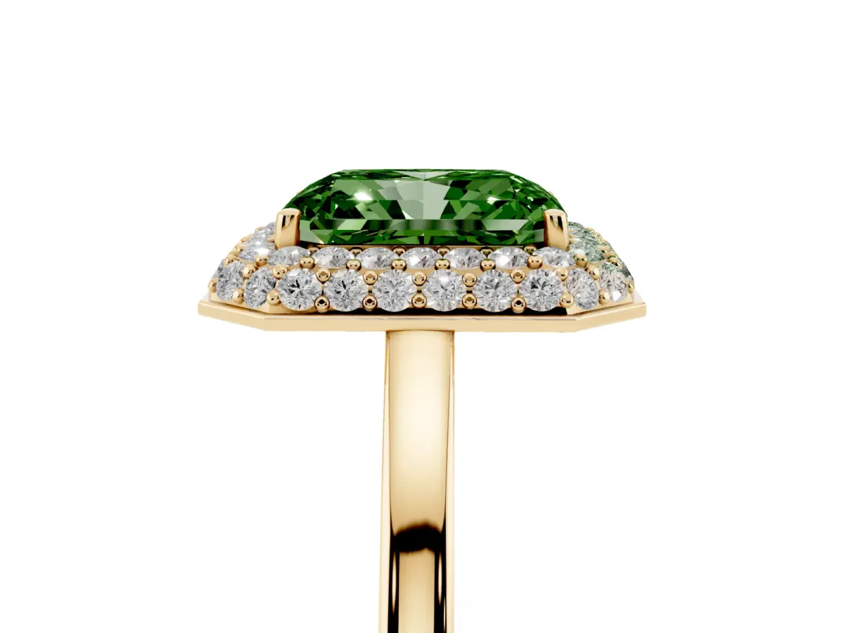 Fancy Green Radiant Cut Halo Diamond Engagement Ring with Solitaire Band and Four-Prong Setting Yellow gold