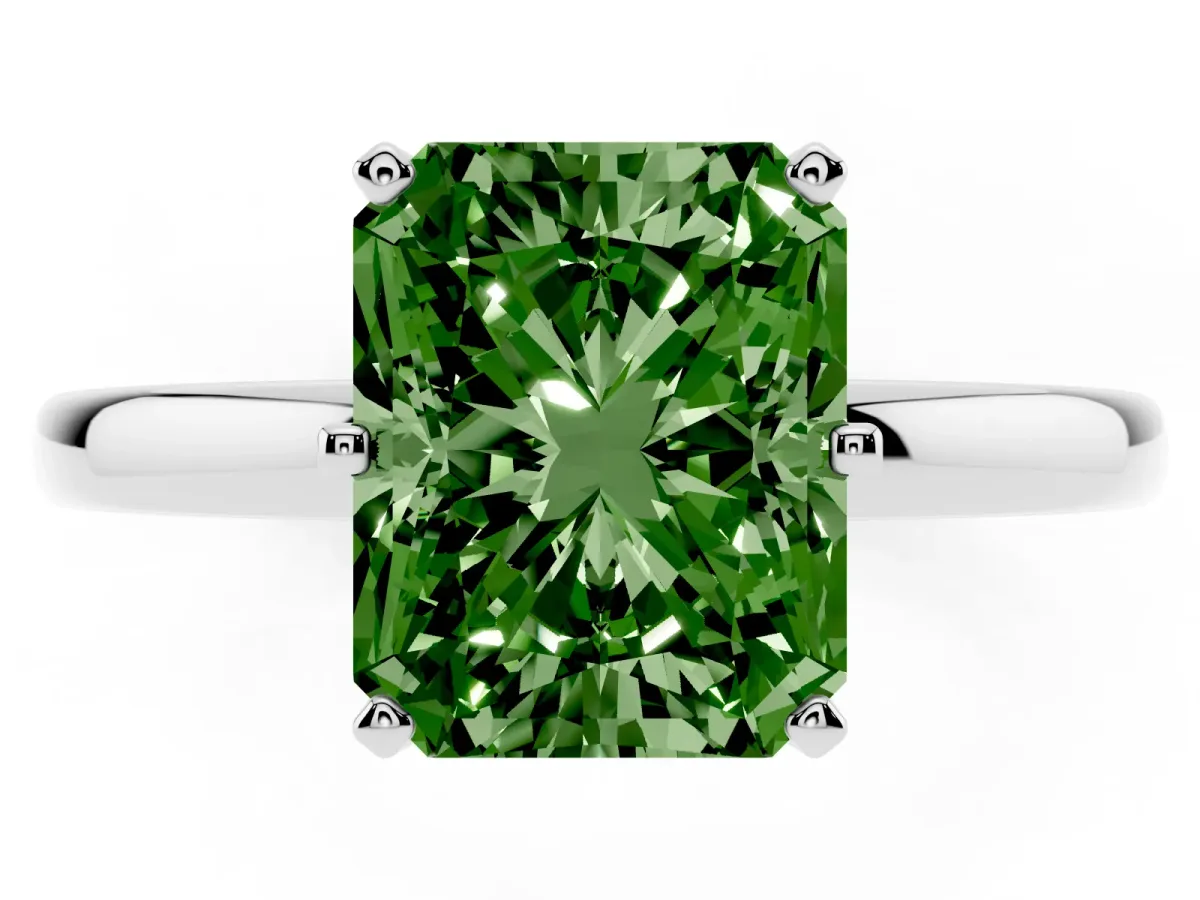 Fancy Green Radiant Cut Solitaire Diamond Ring with Six-Prong Setting on a Classic Band Silver