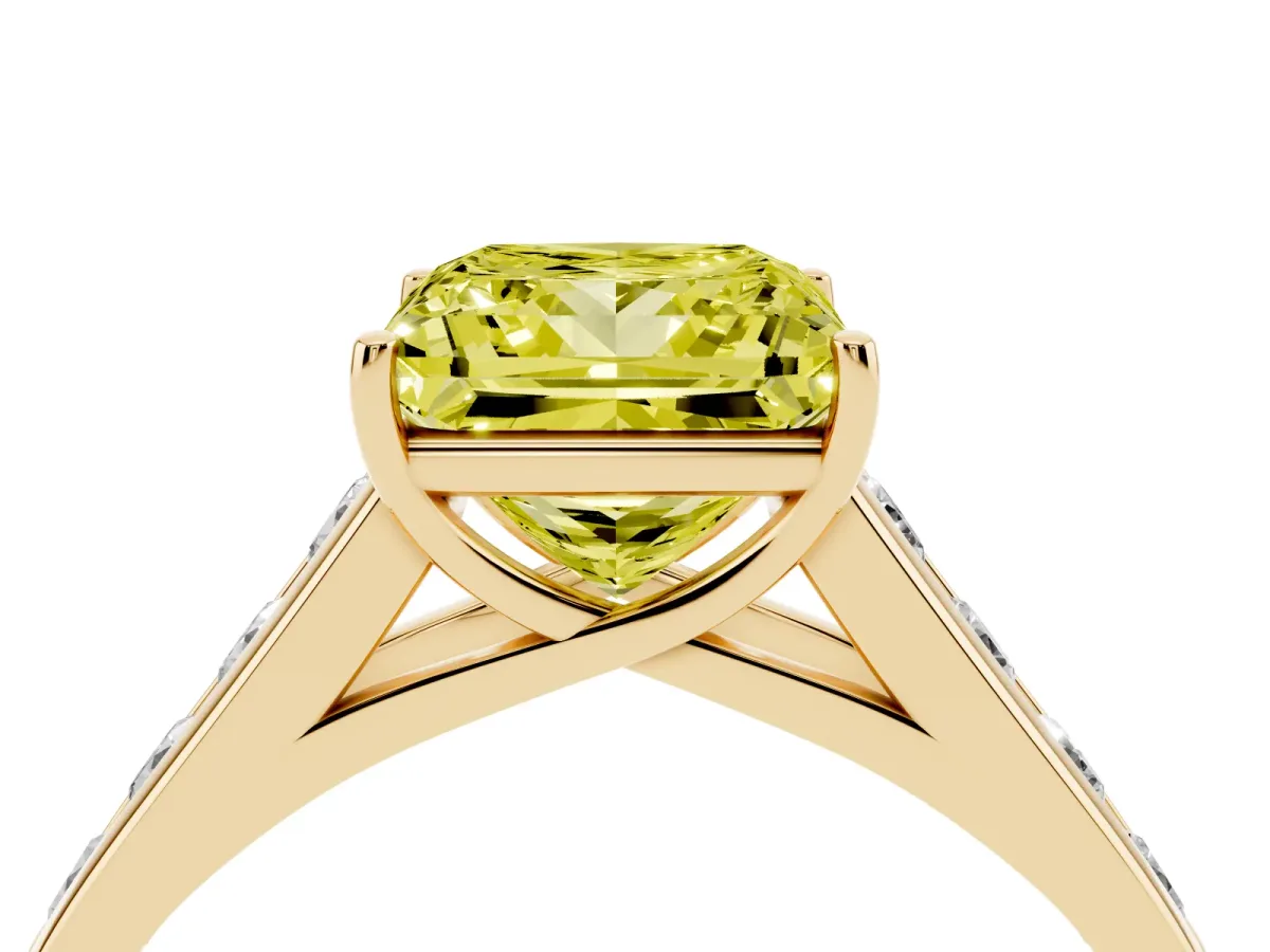 Fancy Yellow Princess Cut Brilliant Channel-Set Solitaire Ring with Four-Prong Setting Yellow gold