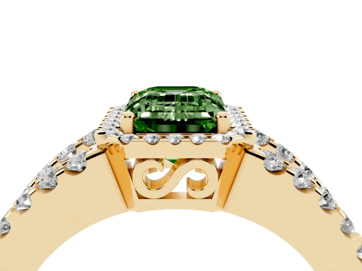 Fancy Green Emerald Cut Cut Halo Split Shank Diamond Ring with Four-Prong Setting Yellow gold