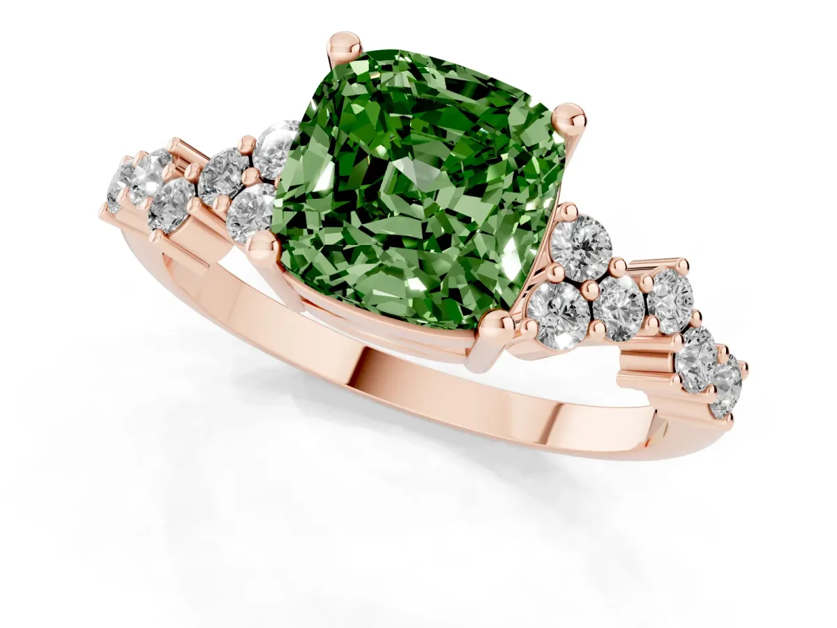 Fancy Green Cushion Cut Diamond Scattered Round Accent Ring with Prong Setting Rose gold
