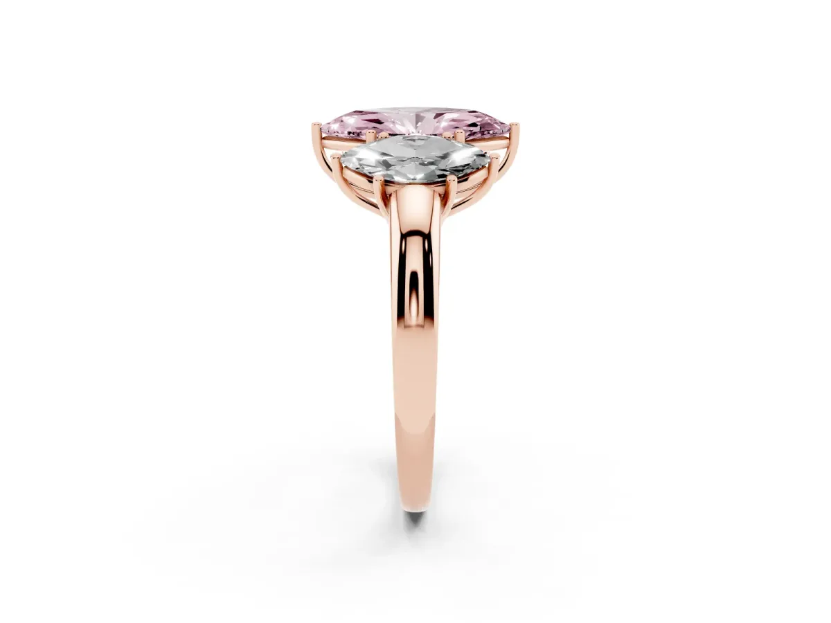 Fancy Pink Marquise Cut Diamond Three-Stone Ring with Four-Prong Setting and Classic Band Rose gold