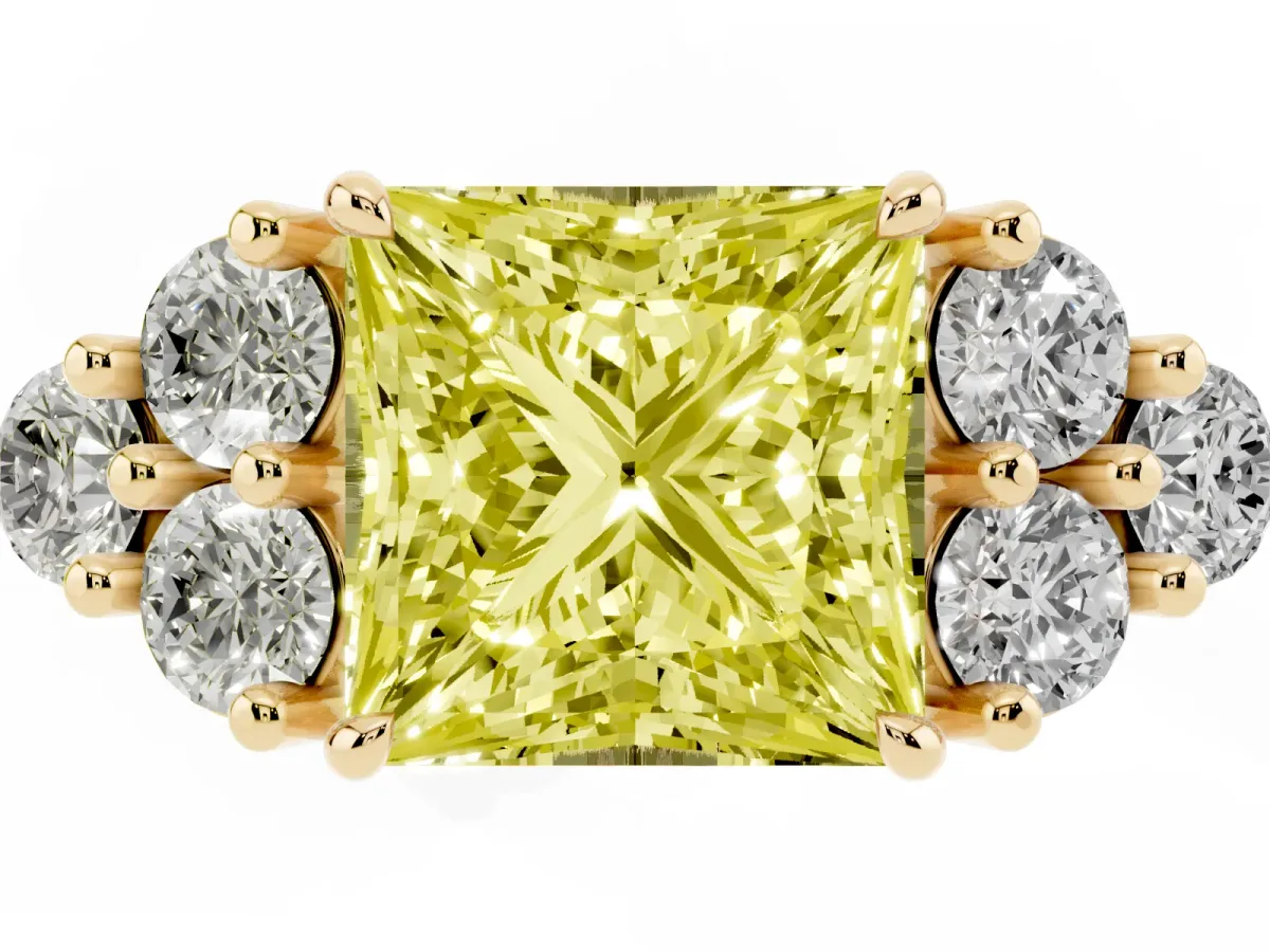 Fancy Yellow Princess Cut Brilliant Diamond Cluster Accent Solitaire Ring with Prong Setting Yellow gold