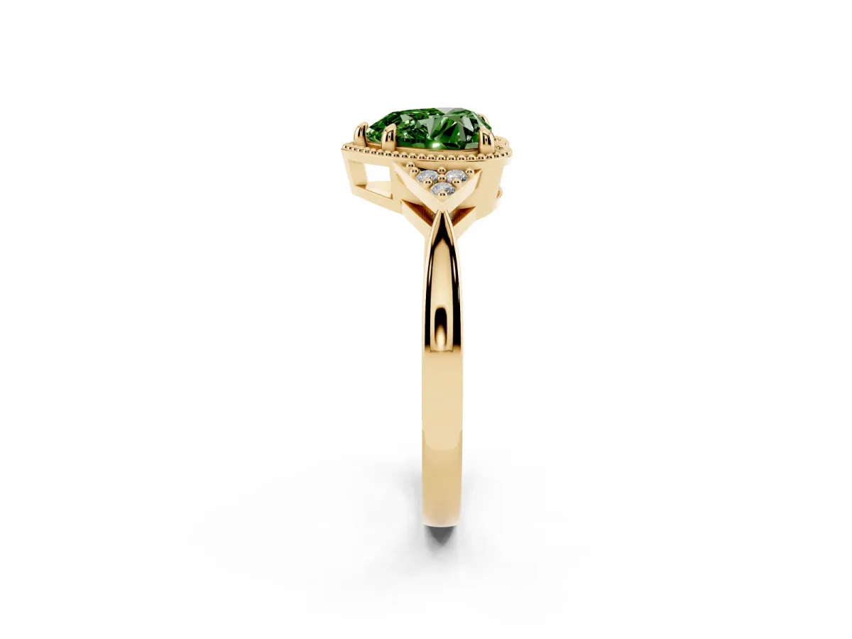 Fancy Green Heart Cut Diamond Halo Ring with Tapered Band and Four-Prong Setting Yellow gold