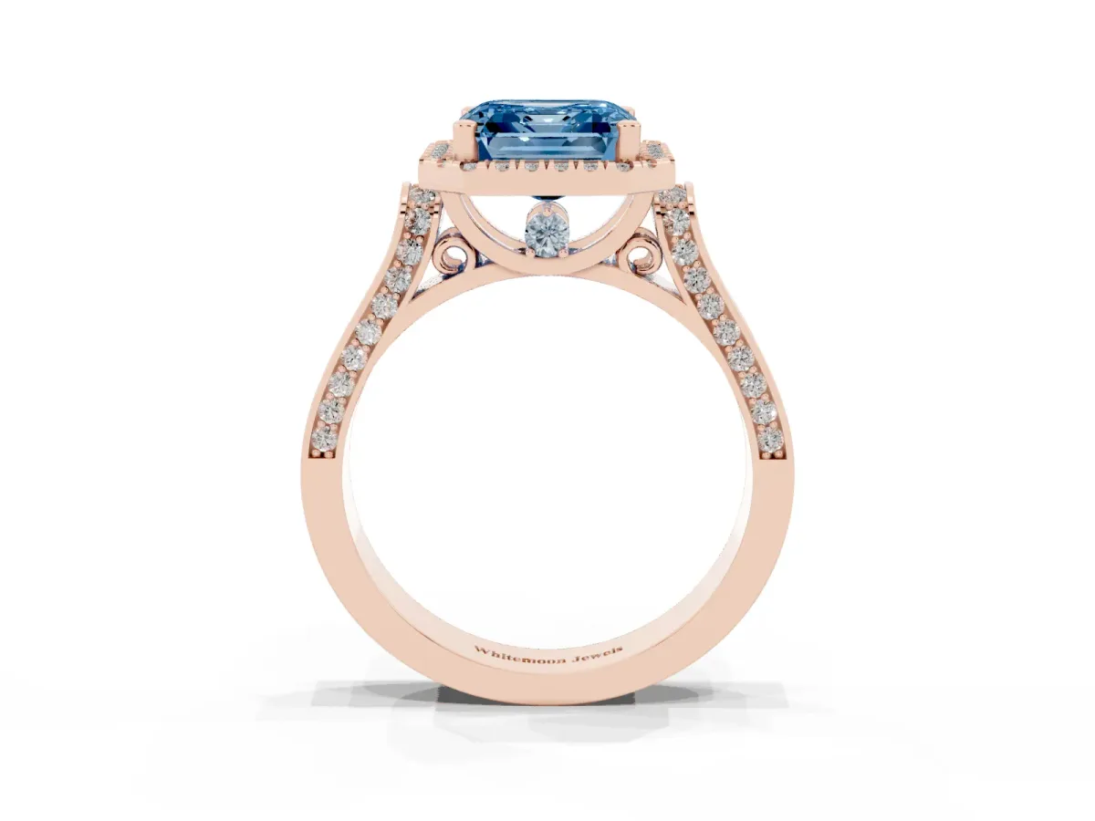 Fancy Blue Asscher Cut Halo Pave Split Shank Prong Setting Ring Rose gold
