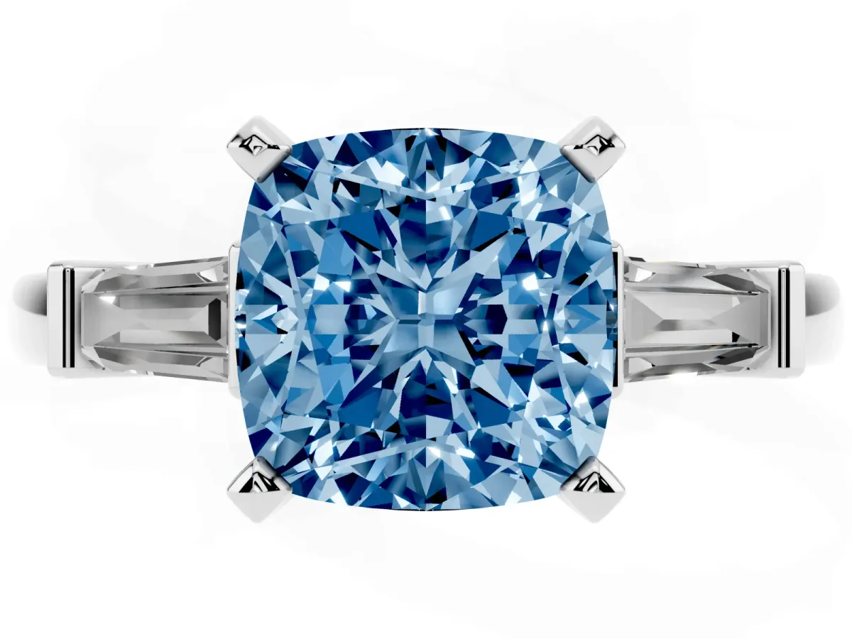 Fancy Blue Cushion Cut Cut Diamond Solitaire Ring with Tapered Baguette Accents and Four-Prong Setting Silver