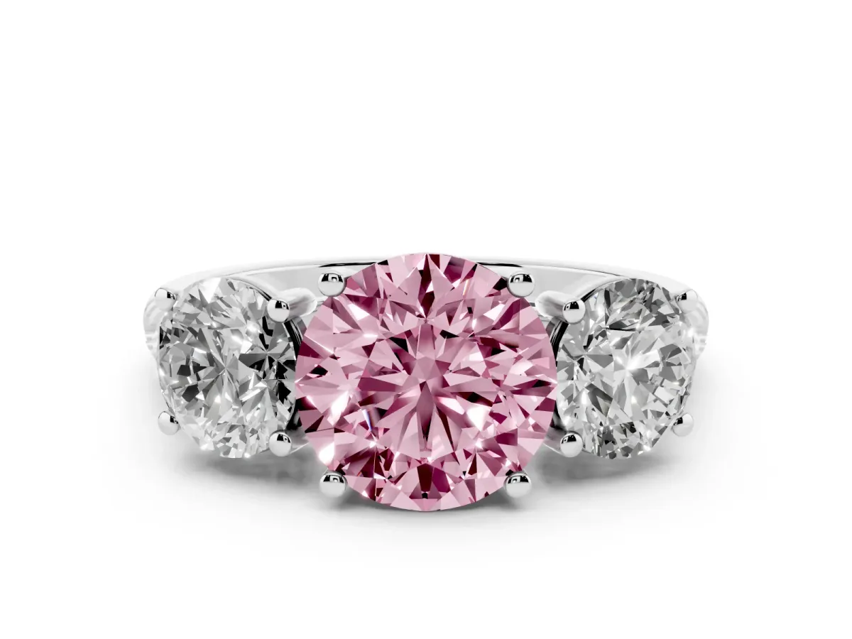Fancy Pink Three-Stone Round Cut Diamond Ring with Round Pavé Band and Prong Setting Silver
