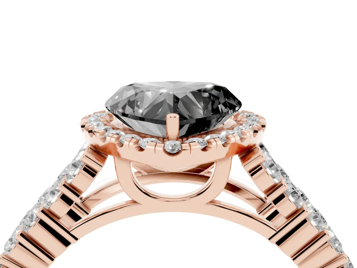 Fancy Black Heart Cut Diamond Halo Engagement Ring with Triple Row Round Pavé Band and Prong Setting Rose gold