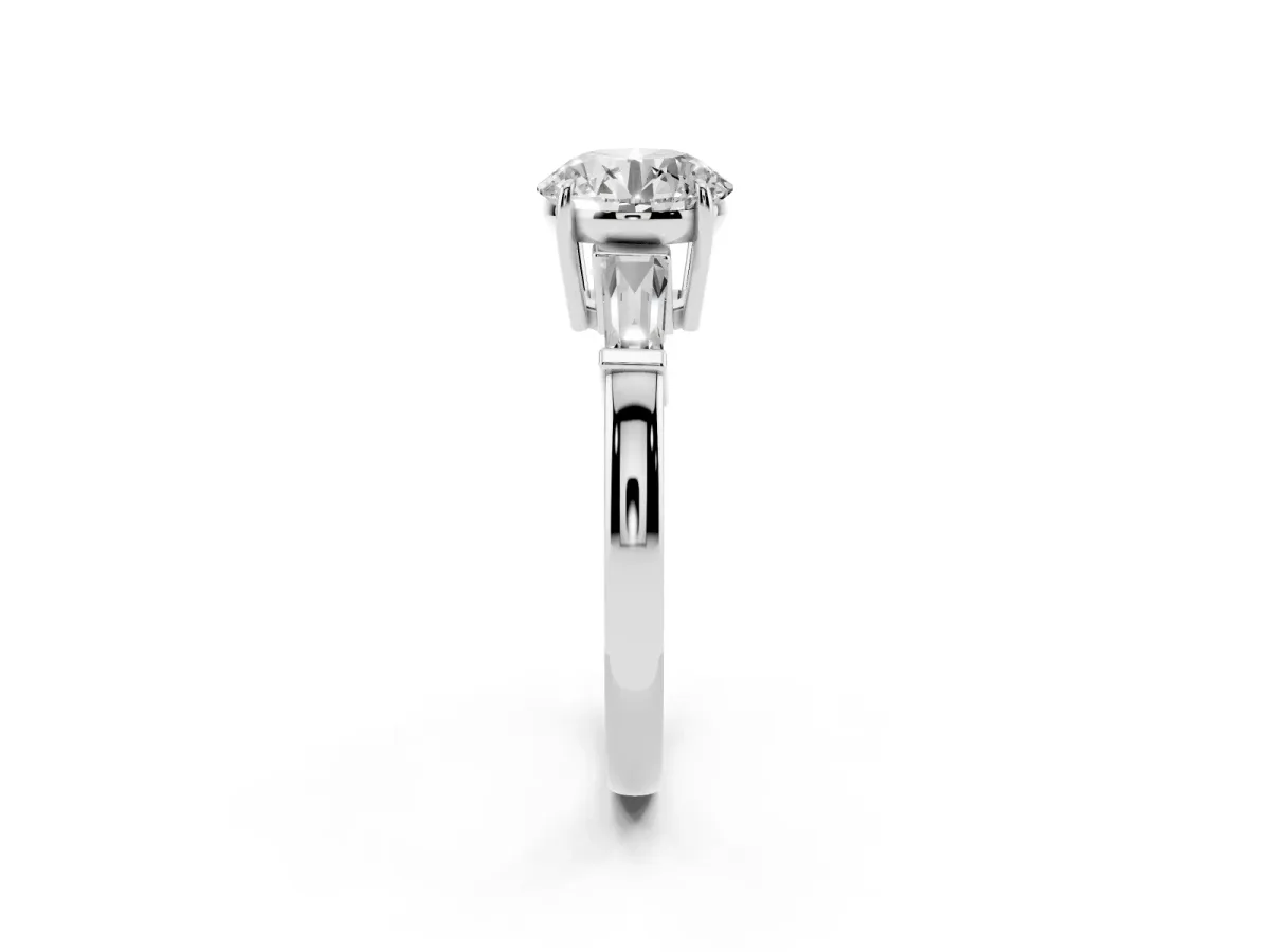 Round Cut Diamond Three-Stone Ring with Tapered Baguette Side Stones and Prong Setting Silver