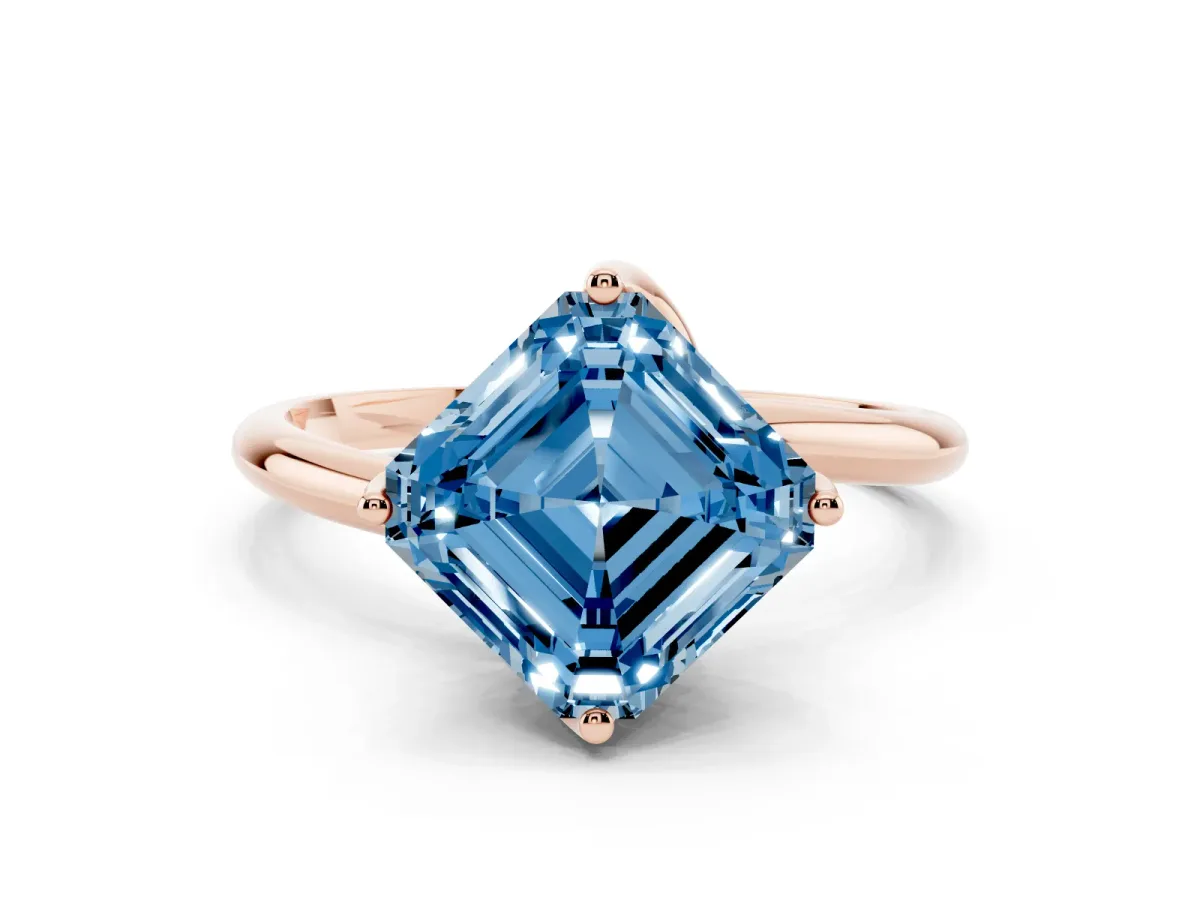 Fancy Blue Asscher Cut Diamond Solitaire Engagement Ring with Four-Prong Setting and Classic Band Rose gold