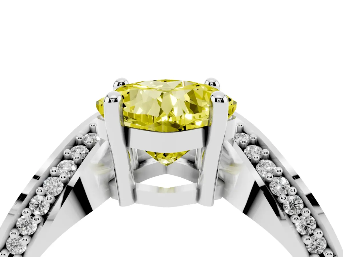Fancy Yellow Cushion Cut Solitaire Diamond Engagement Ring with Pave Band and Four-Prong Setting Silver