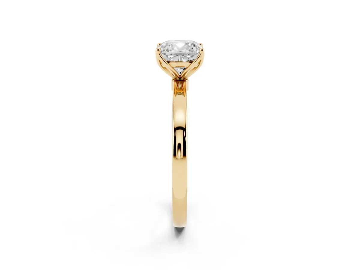 Cushion Cut Diamond Solitaire Ring with Thin Band and Prong Setting Yellow gold
