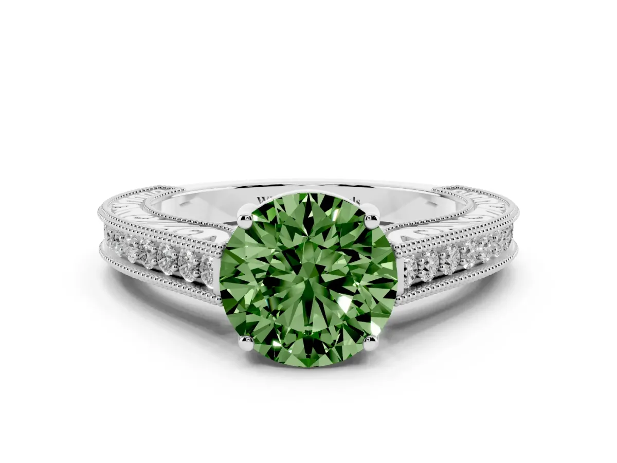 Fancy Green Round Cut Cut Pave Band Milgrain Solitaire Ring Platinum