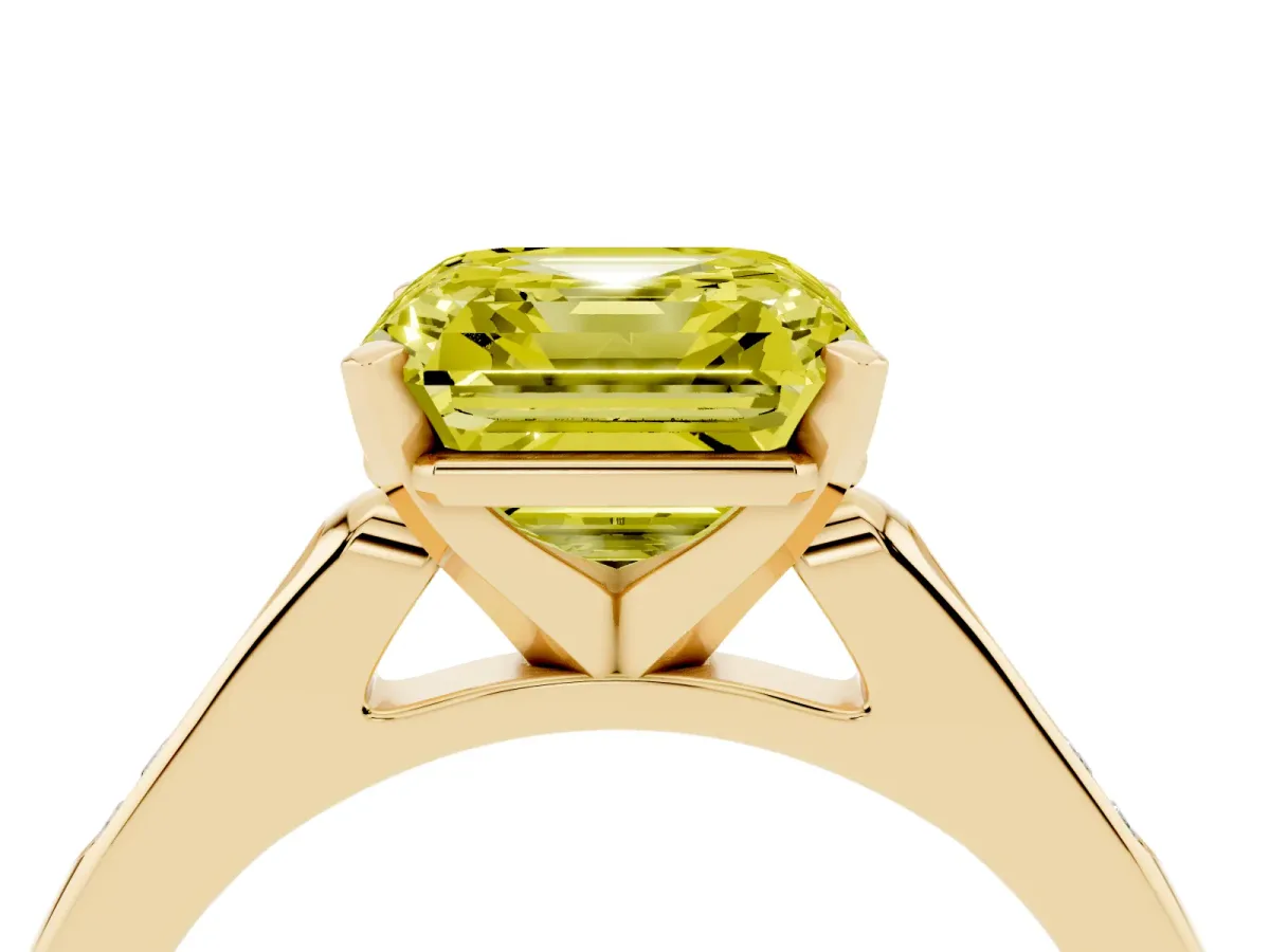 Fancy Yellow Asscher Cut Diamond Solitaire Ring with Channel Set Round Band and Prong Setting Yellow gold