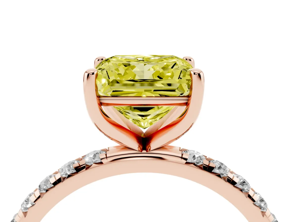 Fancy Yellow Princess Cut Cut Diamond Solitaire Ring with Micro Pave Band and Four Prong Setting Rose gold